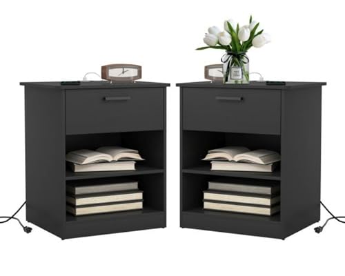 Night Stand Set 2 with Charger Station, Modern Nightstand with USB Type-C Ports and AC Outlets, Large Bedside Table with Drawer and Open Storage, Wooden End Table for Bedroom, Black - color: Black, size: 1 Drawer-Set of 2