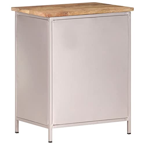 Industrial Bedside Cabinet, Rough Mango Wood with Natural Finish, Silver Iron Frame, 11.8x15.7x19.7 Inches, Storage Drawer & Door, Unique Bicycle Chain Wheel Design