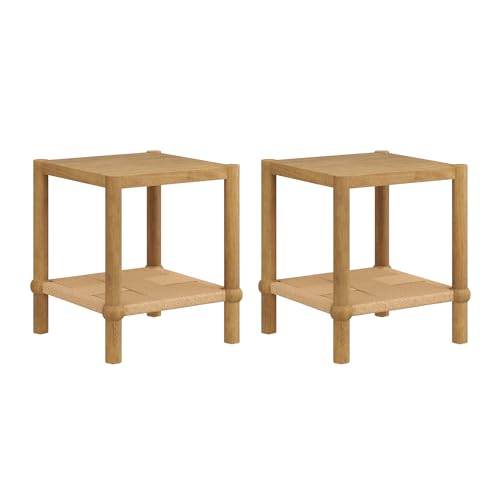Nathan James River Modern Coastal Side Table with Solid Wood Legs and Seagrass Storage Shelf, Light Brown Set of 2 - color: Light Brown/Seagrass, size: Set of 2