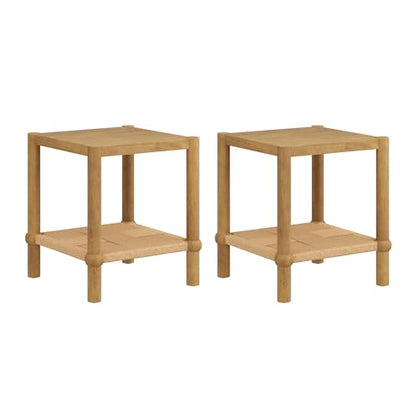 Nathan James River Modern Coastal Side Table with Solid Wood Legs and Seagrass Storage Shelf, Light Brown Set of 2 - color: Light Brown/Seagrass, size: Set of 2