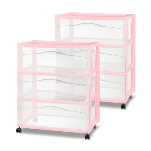 Sterilite 2 Pack Wide 3 Drawer Storage Cart, Rolling Organization, Pink | Clear Plastic Organizer Drawers with Wheels for Craft Supplies, Bath Essentials, or Home Accessories - color: Pink, size: 2-Pack