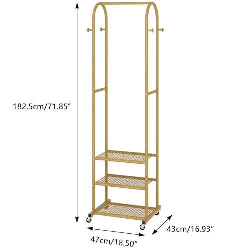 Kaitiemoo Heavy Duty Clothing Rack With Wheels,Modern Garment Rack With 3 Metal Shelves, 71.8Inches Display Rack For Hanging Clothes, Hanging Rod For Small Space,Gold - color: Gold