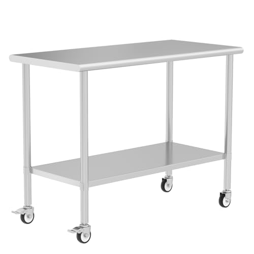 Stainless Steel Table with Wheels 24" x 60" Utility Worktable with Adjustable Undershelf for Commercial Kitchen, Garage, Restaurant - color: W/ Wheel, size: 24x60 Inch