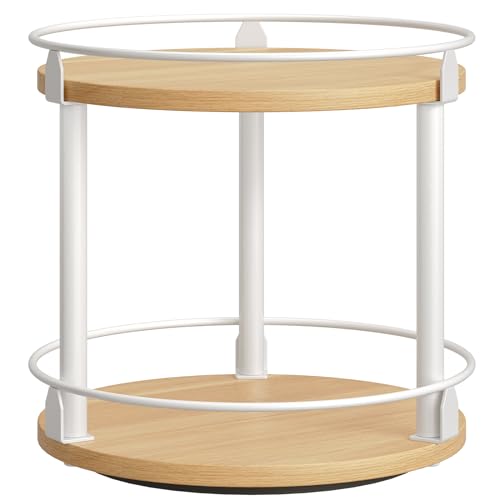 Lazy Susan Organizer, Rotating Spice Rack, 2 Tier Spice Turntable Organizer, Industrial Turntable Spice Holder, for Kitchen Countertop, Compact and Versatile, White and Natural SR22WN - color: White + Natural, size: 10.2"L x 10.2"W x 11"H
