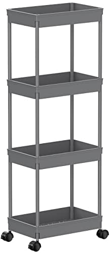 Sooyee 4 Tier Wide Storage Cart Mobile Shelving Unit Organizer Slide Out Storage Rolling Utility Cart Tower Rack for Kitchen Bathroom Laundry, Plastic & Stainless Steel,Grey - color: Gray, size: Wide 4 Tier