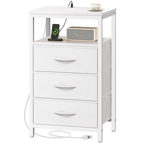 Huuger Nightstand with Charging Station, 27.6 Inch Side Table with Drawers, PU Leather Finish, End Table Bedside Table with USB Ports and Outlets, Night Stand for Bedroom, White - color: White, size: 11.8"D x 15.7"W x 27.6"H (3 Drawers)
