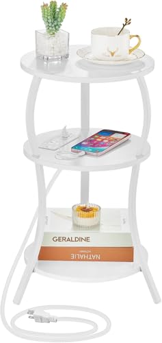 Small Round Side Table with Charging Station, 3-Tier Waist Circular End Table with Storage Shelf, Compact Tea Sofa Side Table Small Spaces, Round Corner Coffee Table for Living Room Bedroon,White - color: White, style: USB Charger