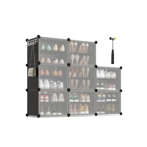 SONGMICS Shoe Rack Organizer, 8-Tier Shoe Storage Cabinet for Closet and Entryway, Holds 32 Pairs of Shoes, Adjustable, Ink Black and Transparent ULPC034B01 - color: Ink Black + Transparent, size: 8 Cubes