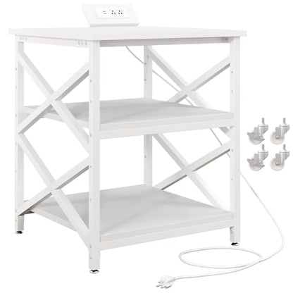 METYERRY 23.6"x23.6" Large Printer Stand with Power Outlet, 3 Tier Cart | Adjustable Shelf, Fits 3D Printers, Laser Printers and Heat Press, 200 lbs Heavy Duty, Industrial Wheels, Home Office - color: White
