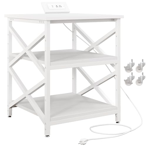 METYERRY 23.6"x23.6" Large Printer Stand with Power Outlet, 3 Tier Cart | Adjustable Shelf, Fits 3D Printers, Laser Printers and Heat Press, 200 lbs Heavy Duty, Industrial Wheels, Home Office - color: White