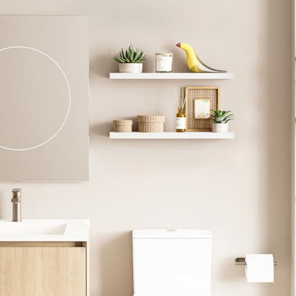 Ballucci Floating Shelves, 24" Wood Wall Shelf Set of 2, with Invisible Brackets for Bathroom, Living Room, Bedroom, Kitchen, Nursery, 6" Deep, White - color: White, size: 23.6 inches