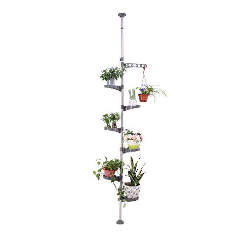 BAOYOUNI 7-Tier Indoor Plant Pole Spring Tension Rod Expandable Flower Pots Display Rack Stand Hanger Metal Corner Storage Shelf, Grey - color: Grey, size: 1 x 7 Tier