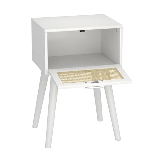 LAATOOREE Table, Nightstand Set of 2 - Small End Table with Rattan Door, Boho Style for Bedroom Living Room - White - color: White, style: Boho Style