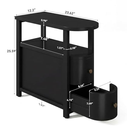 LITTLE TREE Solid Wood End Table with 2 Drawers & Open Shelf, No Assembly Required Side Table for Living Room, Black Couch Side Tables, Slim Bedside Table Nightstand for Bedroom - color: Black