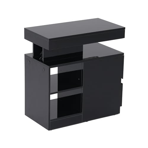 OC Orange-Casual LED End Table with Power Outlet, High Glossy Sofa Side Table, Small Nightstand with Drawer and Storage Cabinet, Narrow Side Table with Charging Station for Living Room (1, Black) - color: Black