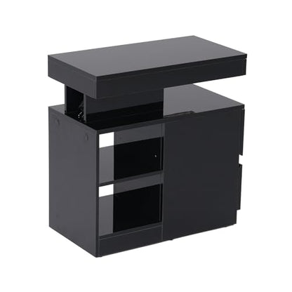 OC Orange-Casual LED End Table with Power Outlet, High Glossy Sofa Side Table, Small Nightstand with Drawer and Storage Cabinet, Narrow Side Table with Charging Station for Living Room (1, Black) - color: Black