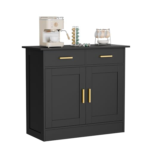 Buffet Cabinet with Storage - Buffets & Sideboards Kitchen Storage Cabinet, Wood Console Table Coffee Bar Accent Cabinets for Living Room Dining Room Entryway Small 2 Doors & Drawers, Black 35.4"W - color: Black, size: 35.4"W