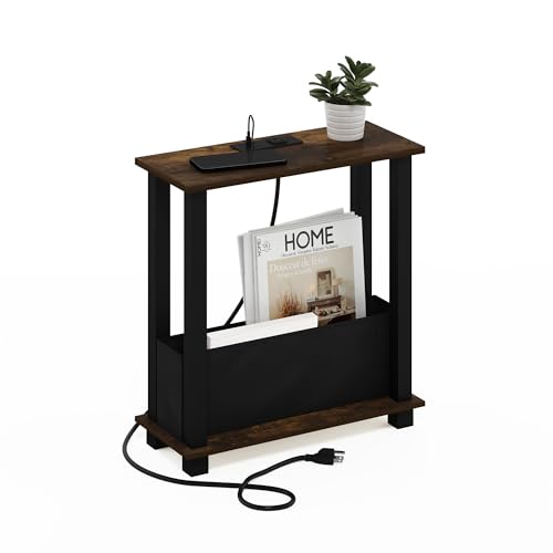 Furinno Turn-S-Tube Side Table, 2-Tier Slim Narrow End Table with Charging Station and Storage Bins, Night Stand, Bedside Table with USB and Type-C Port, for Living Room, Bedroom, Amber Pine - color: Amber Pine/Black, size: 2-Tier Slim, Charging Station