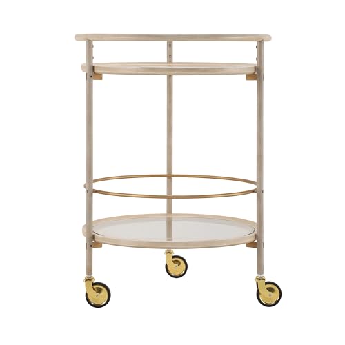 GDFStudio Round Bar Cart with Dual Tempered Glass Shelves, Gold Metal Accents and Lockable Wheels, Distressed White Finish Modern Beverage Trolley for Living Room, Dining Room or Kitchen - color: Ancient White