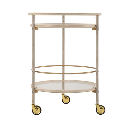GDFStudio Round Bar Cart with Dual Tempered Glass Shelves, Gold Metal Accents and Lockable Wheels, Distressed White Finish Modern Beverage Trolley for Living Room, Dining Room or Kitchen - color: Ancient White