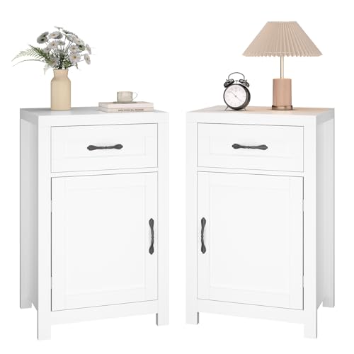 White Nightstand Set of 2 with Drawer, Farmhouse End Table with Storage Cabinet and Adjustable Shelf, 30" Tall Bedside Table Rustic Wood Sofa Side Table for Living Room, Bedroom - color: White, size: 2 pcs