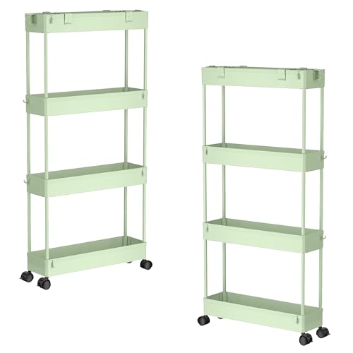 SPACELEAD 2-piece Set Slim Storage Cart 3 Tier,Bathroom Organizer Rolling Utility,Mobile Shelving Unit Slide Out for Office, Kitchen, Laundry Room & Narrow Places - color: Green