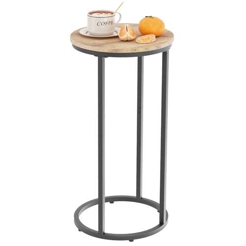 C Shaped end Table, Round Side Table for Couch, Small Snack Sofa Table with Metal Frame for TV Tray, Bedroom, Living Room, Bedside (Oak) - color: Oak+black, size: 1 Tier