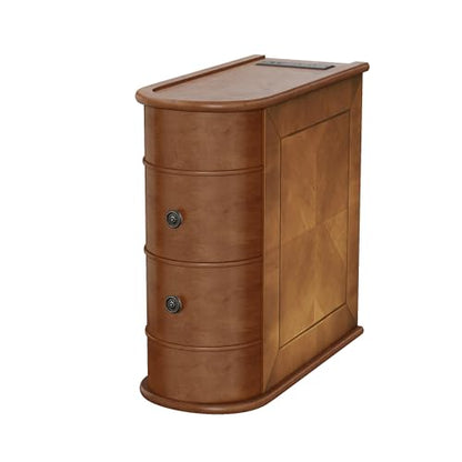 Multifunctional Classic End Table with Charging Station, Sofa Side Narrow Table Bedside Nightstand with Drawers, No Assembly Required - color: Walnut-6.26
