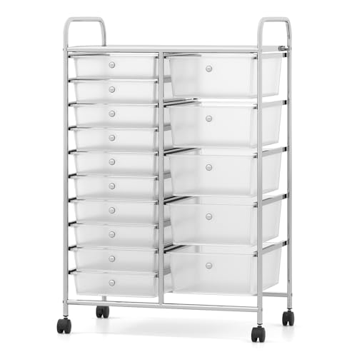 BECOMFORT 15-Drawer Rolling Utility Cart, Storage Cart on Wheels, Teacher Classroom Organizers with Metal Frame & Lockable Wheels, Mobile Trolley Craft Cart for Art Paper Tools School Office Play Room - color: Clear White, size: 15 Drawers