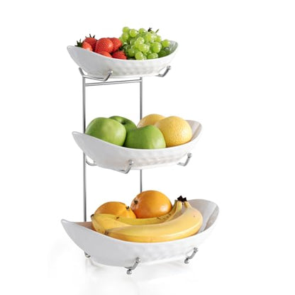 Fruit Bowl, 3 Tier Ceramic Fruit Basket, 3 Tier Serving Stand Serving Bowl with Metal Rack, Porcelain Kitchen Bowls for Fruit Vegetable Snack Nuts Dessert Cake Tray for Party Wedding - color: White