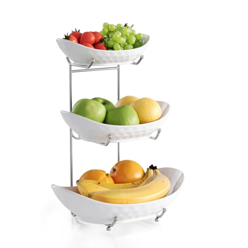 Fruit Bowl, 3 Tier Ceramic Fruit Basket, 3 Tier Serving Stand Serving Bowl with Metal Rack, Porcelain Kitchen Bowls for Fruit Vegetable Snack Nuts Dessert Cake Tray for Party Wedding - color: White