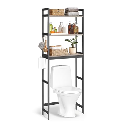 SONGMICS Over-The-Toilet Storage, 3-Tier Bathroom Organizer Over Toilet with Adjustable Shelves, Hooks, Bamboo, Freestanding Space Saver Bathroom Shelves, Heather Greige and Ink Black UBTS012W01 - color: Heather Greige + Ink Black, size: 3 Tiers (66.9"H)