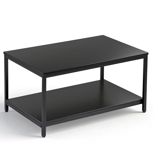 SUPER DEAL 2-Tier Industrial Coffee Table with Storage Shelf for Small Apartment Living Room, Rectangle Wood and Stable Metal TV Stand Side End Table, Black - color: Black, size: 31.5in