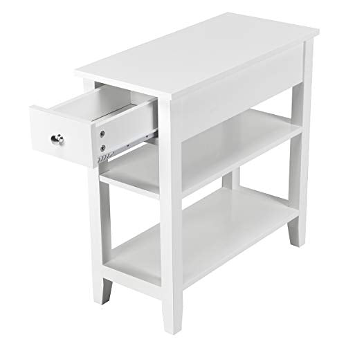 Giantex Narrow End Table Set of 2, Small Side Table with Drawer and Shelf, Wood Accent Sofa Table, Skinny Nightstand for Small Space Living Room Bedroom, White - color: White
