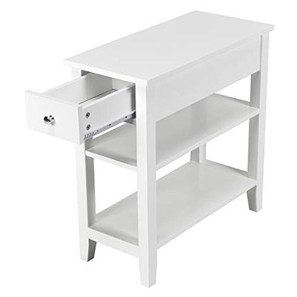 Giantex Narrow End Table Set of 2, Small Side Table with Drawer and Shelf, Wood Accent Sofa Table, Skinny Nightstand for Small Space Living Room Bedroom, White - color: White