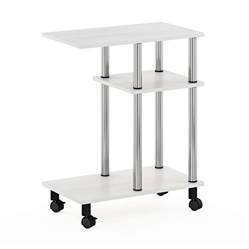 Furinno Turn-N-Tube Side Table, 3-Tier C-Shape End Table with Wheels, Toolless Assembly Night Stand, Bedside Table with Open Shelf, for Living Room, Bedroom, White Oak/Stainless Steel - color: White Oak/Stainless Steel