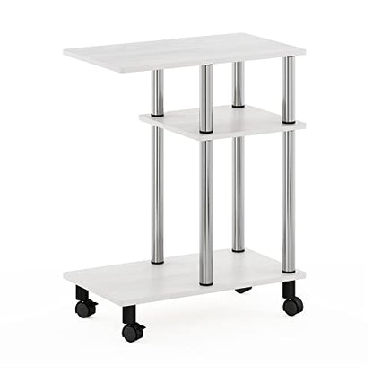 Furinno Turn-N-Tube Side Table, 3-Tier C-Shape End Table with Wheels, Toolless Assembly Night Stand, Bedside Table with Open Shelf, for Living Room, Bedroom, White Oak/Stainless Steel - color: White Oak/Stainless Steel