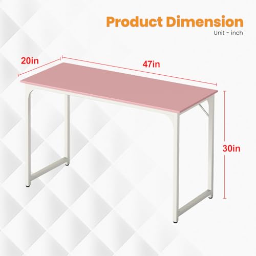 Dkelincs 47 Inch Computer Desk Home Office Desk Gaming Writing Desk Modern Simple Style Study Work Table with Metal Frame, Large Legroom, Adjustable Feet, Water-Resistant, Scratchproof Surface, Pink - color: Pink, size: 47 Inch
