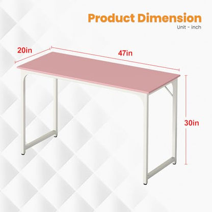 Dkelincs 47 Inch Computer Desk Home Office Desk Gaming Writing Desk Modern Simple Style Study Work Table with Metal Frame, Large Legroom, Adjustable Feet, Water-Resistant, Scratchproof Surface, Pink - color: Pink, size: 47 Inch