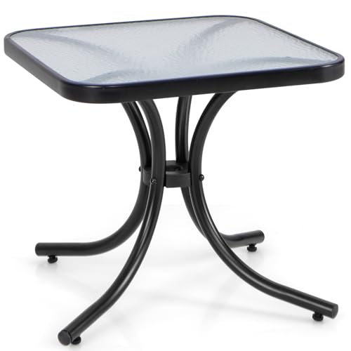 Giantex Small Outdoor Side Table with Tempered Glass Top, Heavy-Duty Metal Frame, 110 Lbs Capacity, Square Patio Table for Balcony, Porch, Backyard, Deck, Black