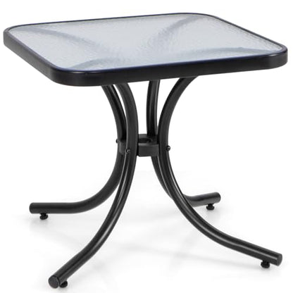 Giantex Small Outdoor Side Table with Tempered Glass Top, Heavy-Duty Metal Frame, 110 Lbs Capacity, Square Patio Table for Balcony, Porch, Backyard, Deck, Black