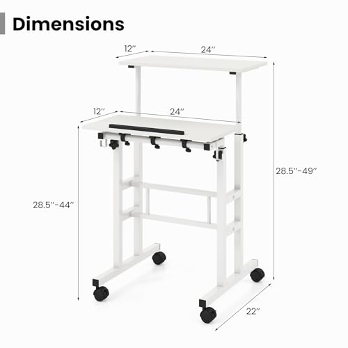 Tangkula Mobile Standing Desk, Height-Adjustable Laptop Podium Cart with Tilting Tabletop & Adjustable Angle, Rolling Stand Up Computer Desk with 2 Hanging Hooks & Lockable Casters for Home Office - color: White