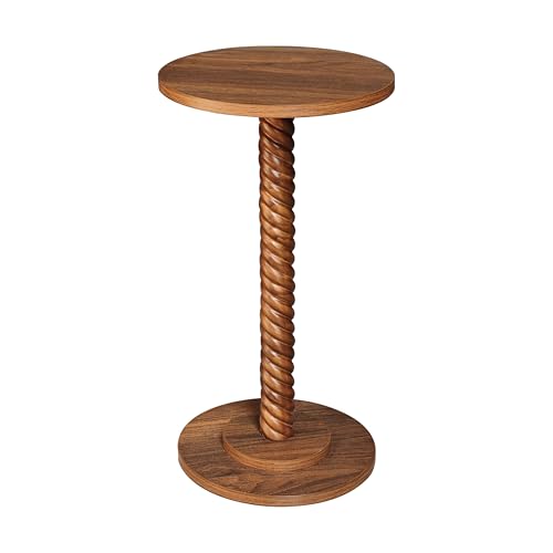 Small Drink Table, Round Pedestal Side Table, Martini Table for Small Spaces, Wooden End Table with Spiral Leg, Plant Stand Accent Table for Living Room, Bedroom, Bathroom, Easy Assembly, Brown - color: Brown