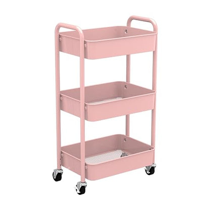 3-Tier Rolling Metal Storage Organizer - Mobile Utility Cart with Caster Wheels, Pink - color: Pink