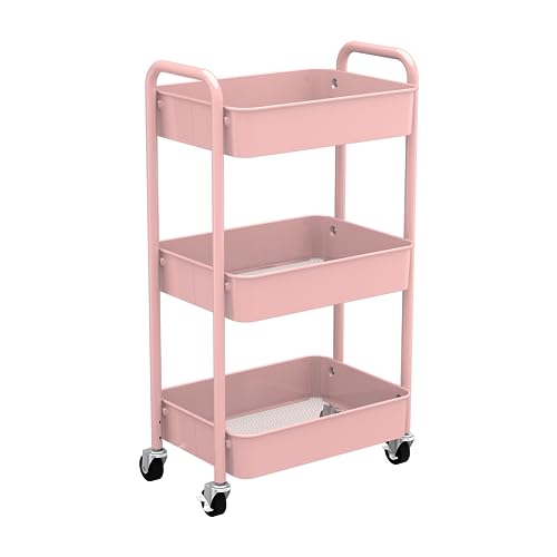 3-Tier Rolling Metal Storage Organizer - Mobile Utility Cart with Caster Wheels, Pink - color: Pink