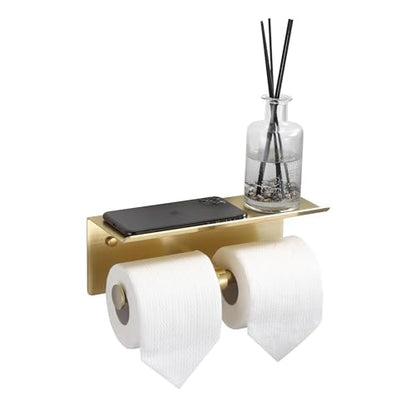 Brushed Gold Toilet Paper Roll Holder with Shelf Wall Mounted for Bathroom (Brushed Gold, Double Head) - color: Brushed Gold