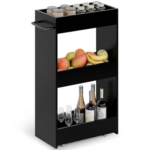 MARTY Slim Rolling Storage Cart 7.9" W Laundry Cart with Wheels,Wood, Black | Narrow Utility Cart Between Washer and Dryer, 3 Tier Mobile Shelving Unit for Kitchen, Laundry, Bathroom, Office, Living Room - color: Black
