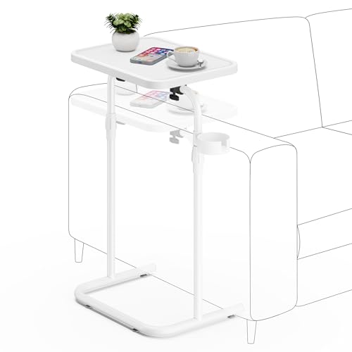 TUTOTAK C Shaped End Table with Tiltable Surface, Adjustable Height Side Table, Slide Under Couch Table TV Tray for Eating, Sofa Tray for Livingroom, Bedroom White TB01BW091 - color: White