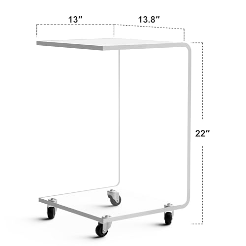 C-Shape Acrylic Side Table with Wheels,13.8" L x 13" W x 22" H x 1/2" Thick Clear End Table,Transparent Nightstand with Waterfall Edges,Modern Lucite Side Table for Living Room - size: 13.8" L x 13" W x 22" H