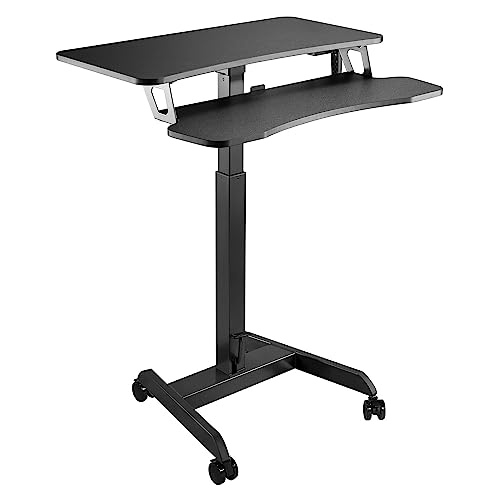 Kantek Mobile Sit Stand Height Adjustable (29"-49") Large Cart, 31.25" Wide Rolling Laptop Workstation, Keyboard Tray, Foot Pedal Control, Steel Frame, Perfect for Office Classroom Home, Black - color: Black, style: with Keyboard Tray
